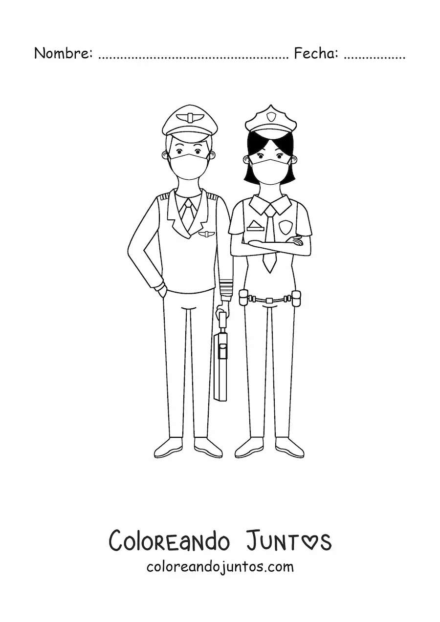Imagen para colorear de una pareja de policías con mascarillas