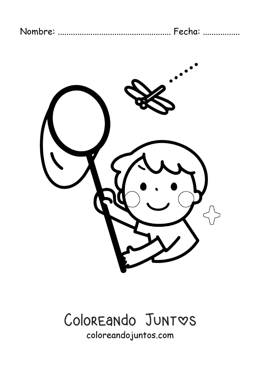 Imagen para colorear de niño atrapando una libélula con una red