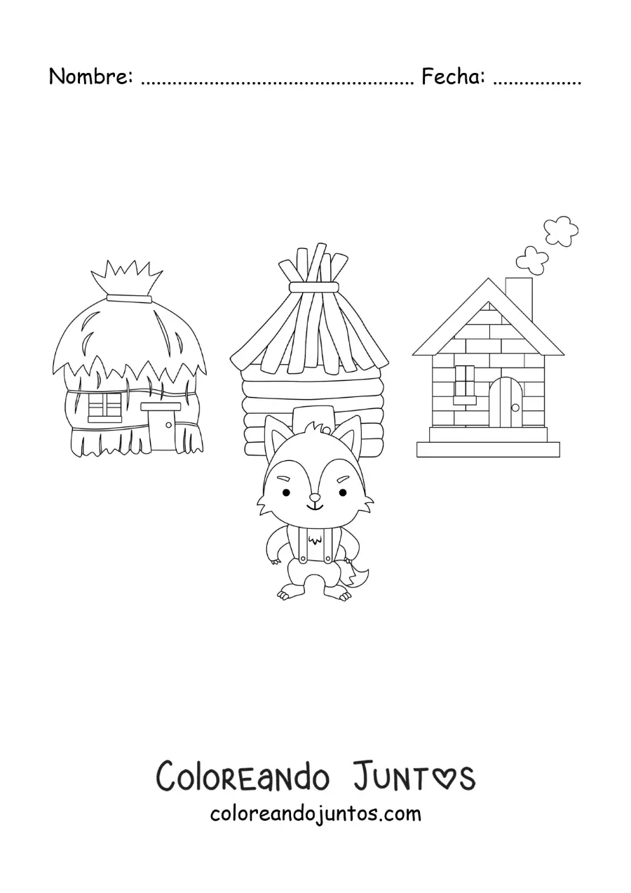 Imagen para colorear de el lobo feroz derribando las casas de los tres cochinitos