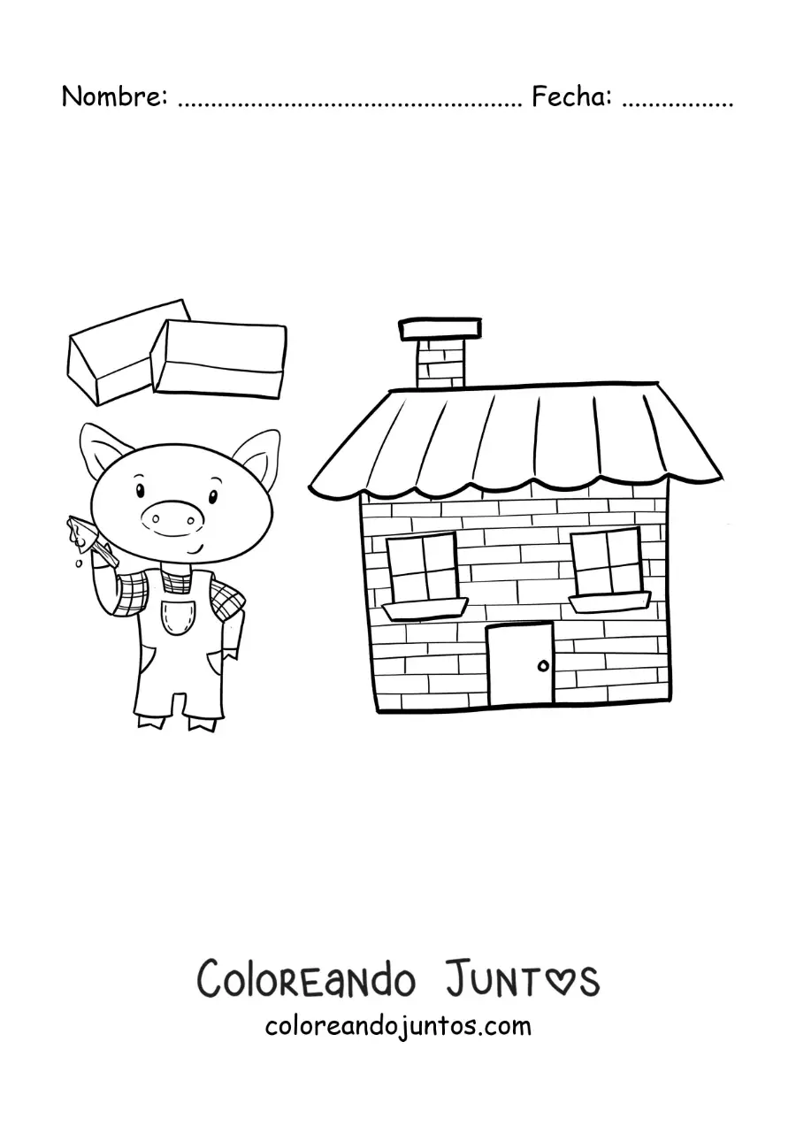 Imagen para colorear de uno de los tres cochinitos construyendo su casa de ladrillos