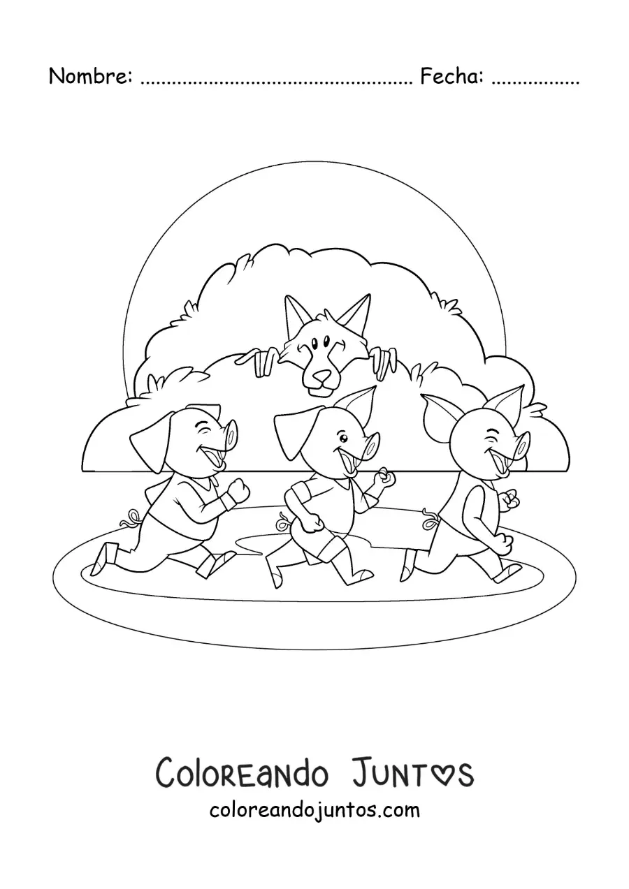 Imagen para colorear de el lobo feroz persiguiendo a los tres cerditos del cuento