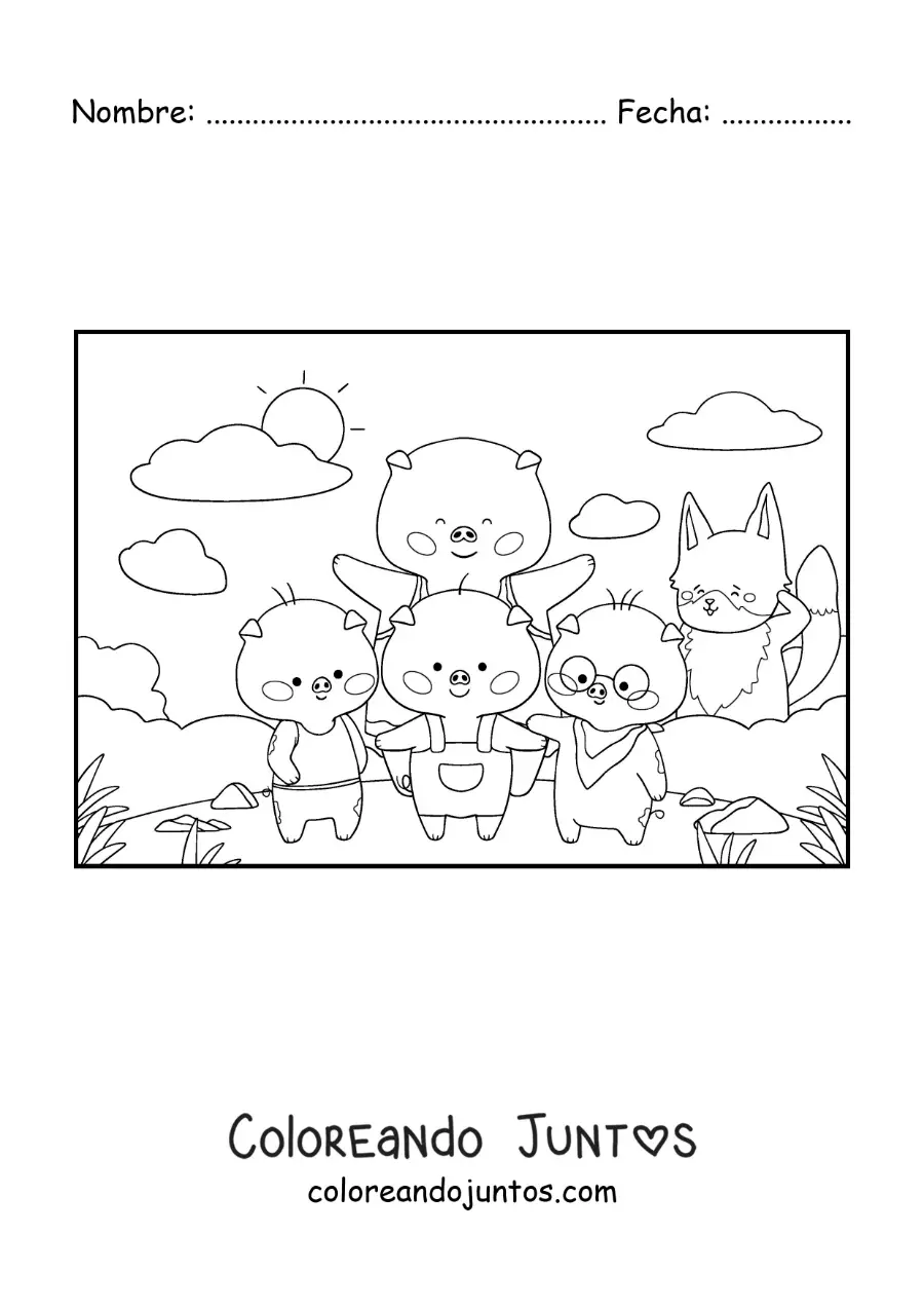 Imagen para colorear de la familia de los tres cerditos y el lobo