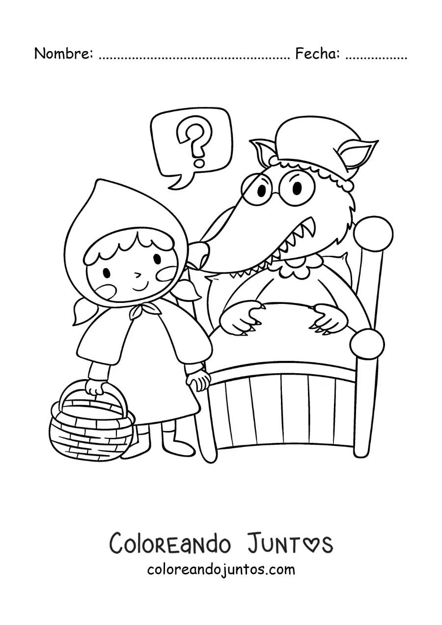 Imagen para colorear de Caperucita Roja animada con el lobo disfrazado de abuela
