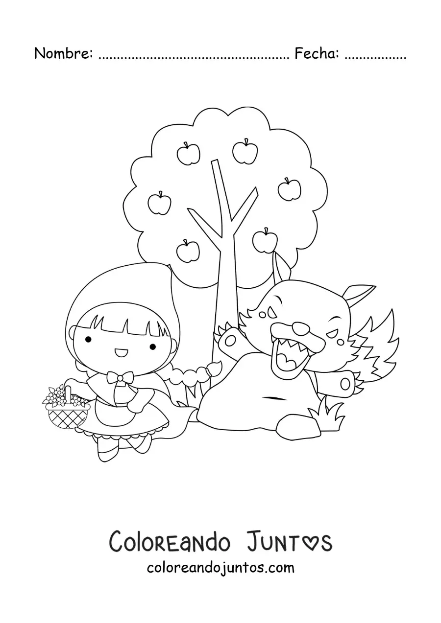 Imagen para colorear de Caperucita Roja y el lobo feroz en el bosque