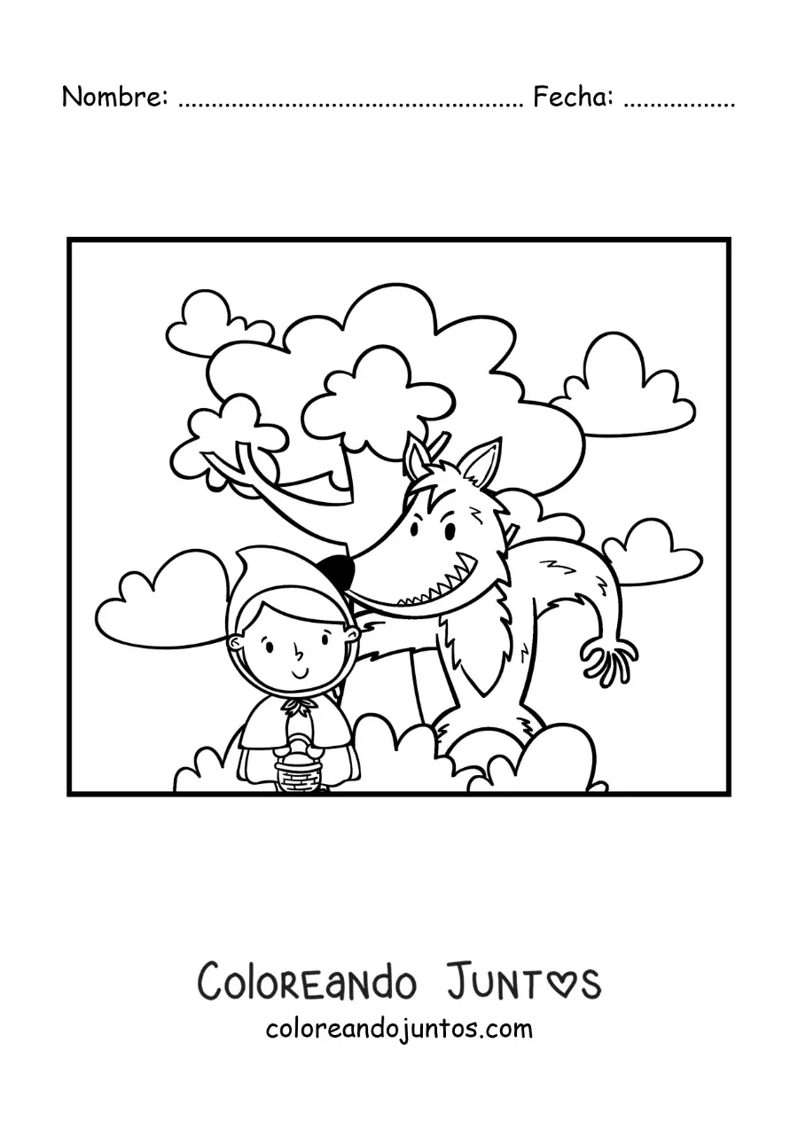 Imagen para colorear de Caperucita animada y el lobo en el bosque