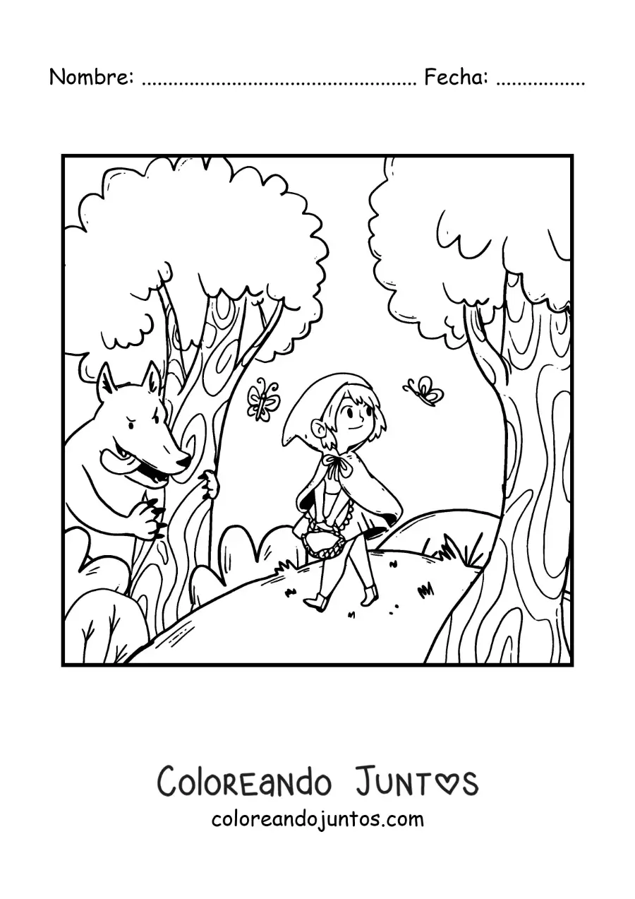 Imagen para colorear de el lobo feroz persiguiendo a Caperucita Roja en el bosque