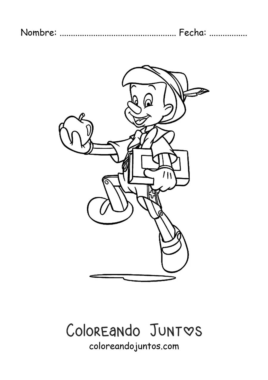 Imagen para colorear de Pinocho con un libro y una manzana