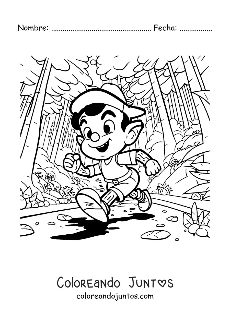 Imagen para colorear de Pinocho en el bosque