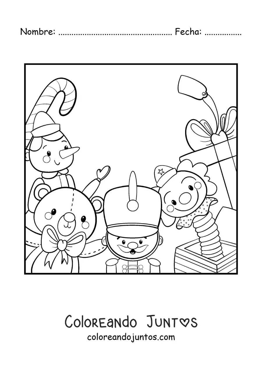Imagen para colorear de Pinocho y juguetes de navidad