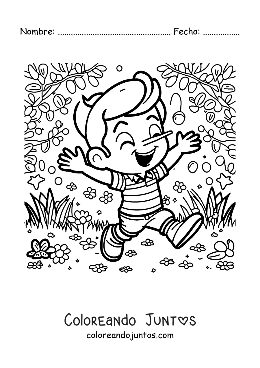 Imagen para colorear de Pinocho animado en el bosque