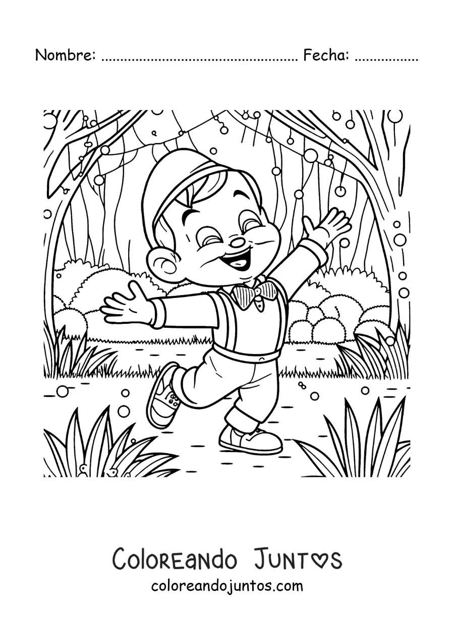 Imagen para colorear de Pinocho alegre en el bosque