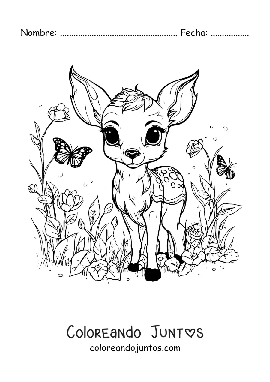Imagen para colorear de Bambi kawaii con mariposas