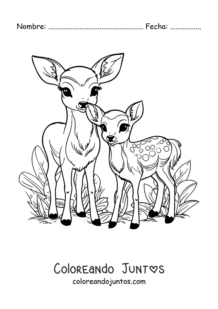 Imagen para colorear de Bambi kawaii con su mamá