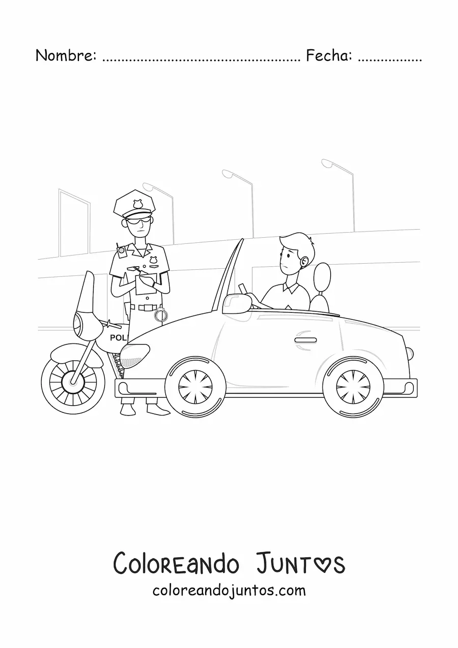 Imagen para colorear de un policía de tránsito multando a un conductor