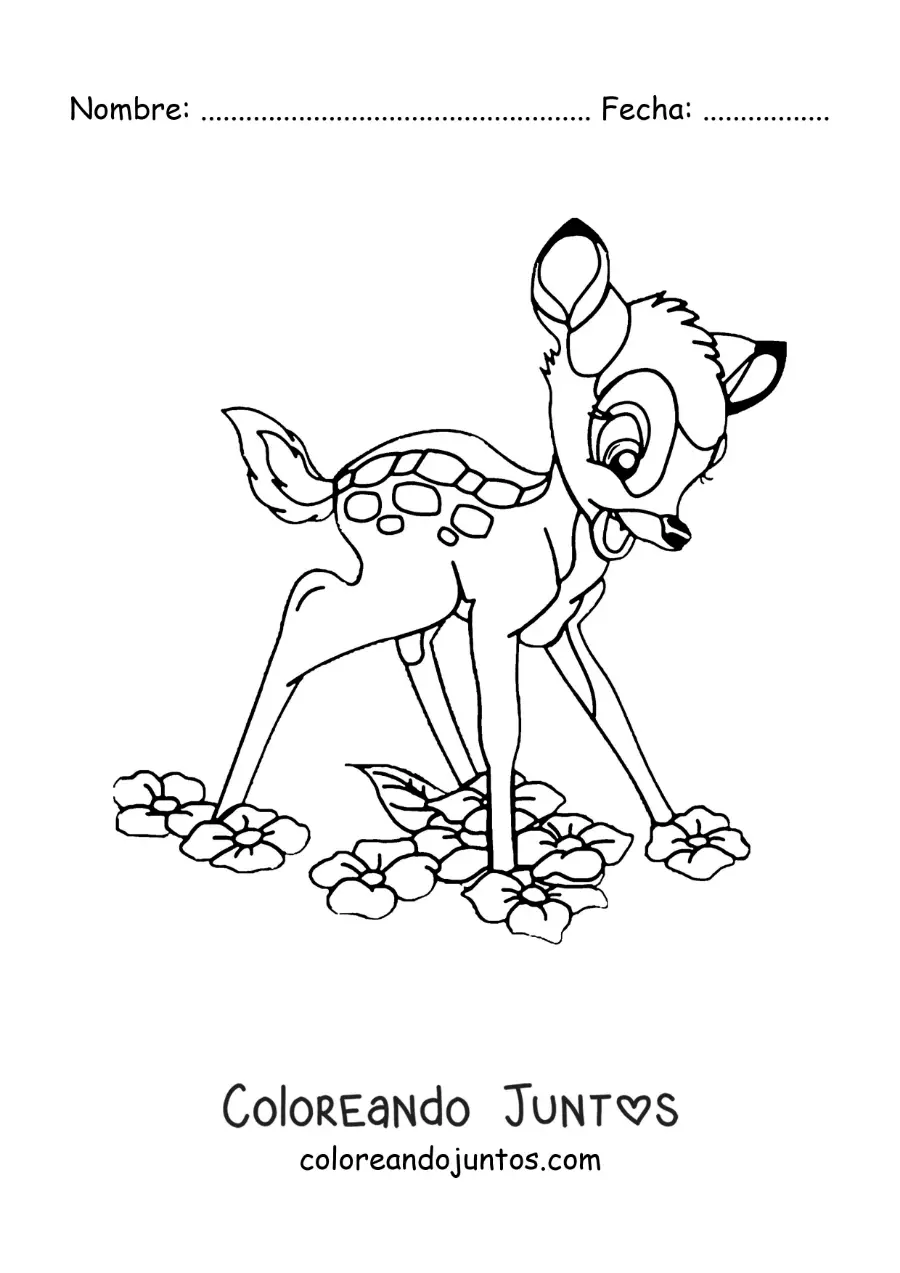 Imagen para colorear de Bambi animado aprendiendo a caminar con flores