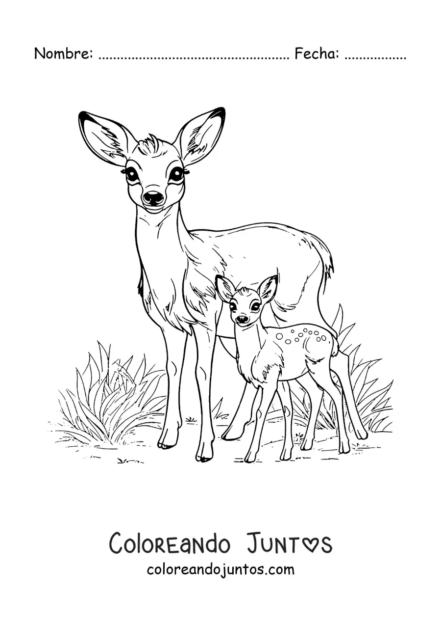 Imagen para colorear de Bambi realista y su mamá