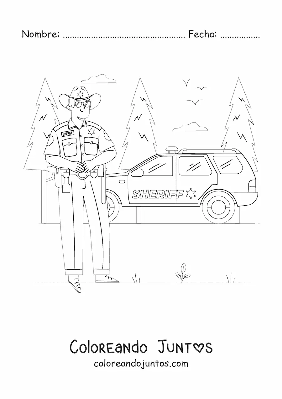 Imagen para colorear de un sheriff junto a una patrulla