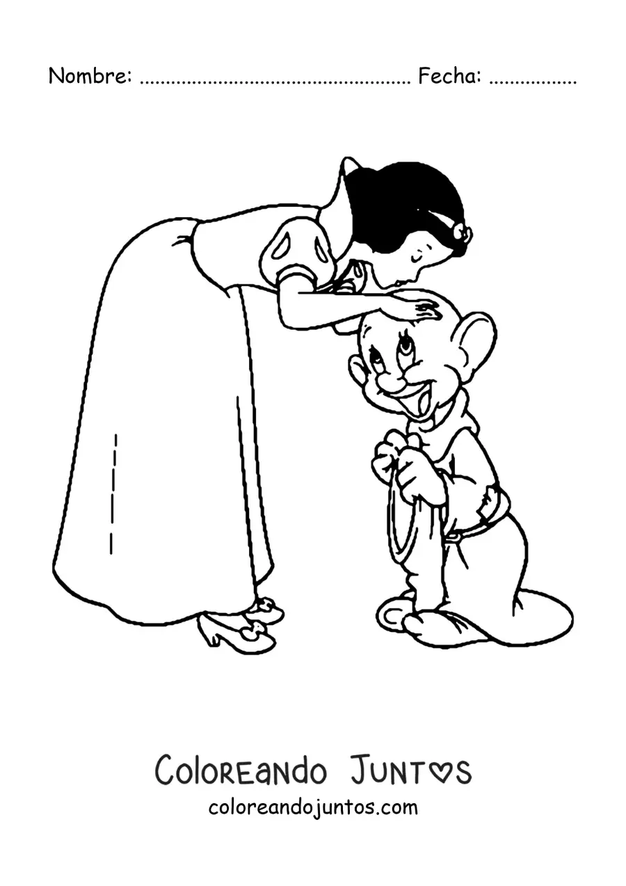 Imagen para colorear de Blancanieves besando a uno de los enanitos
