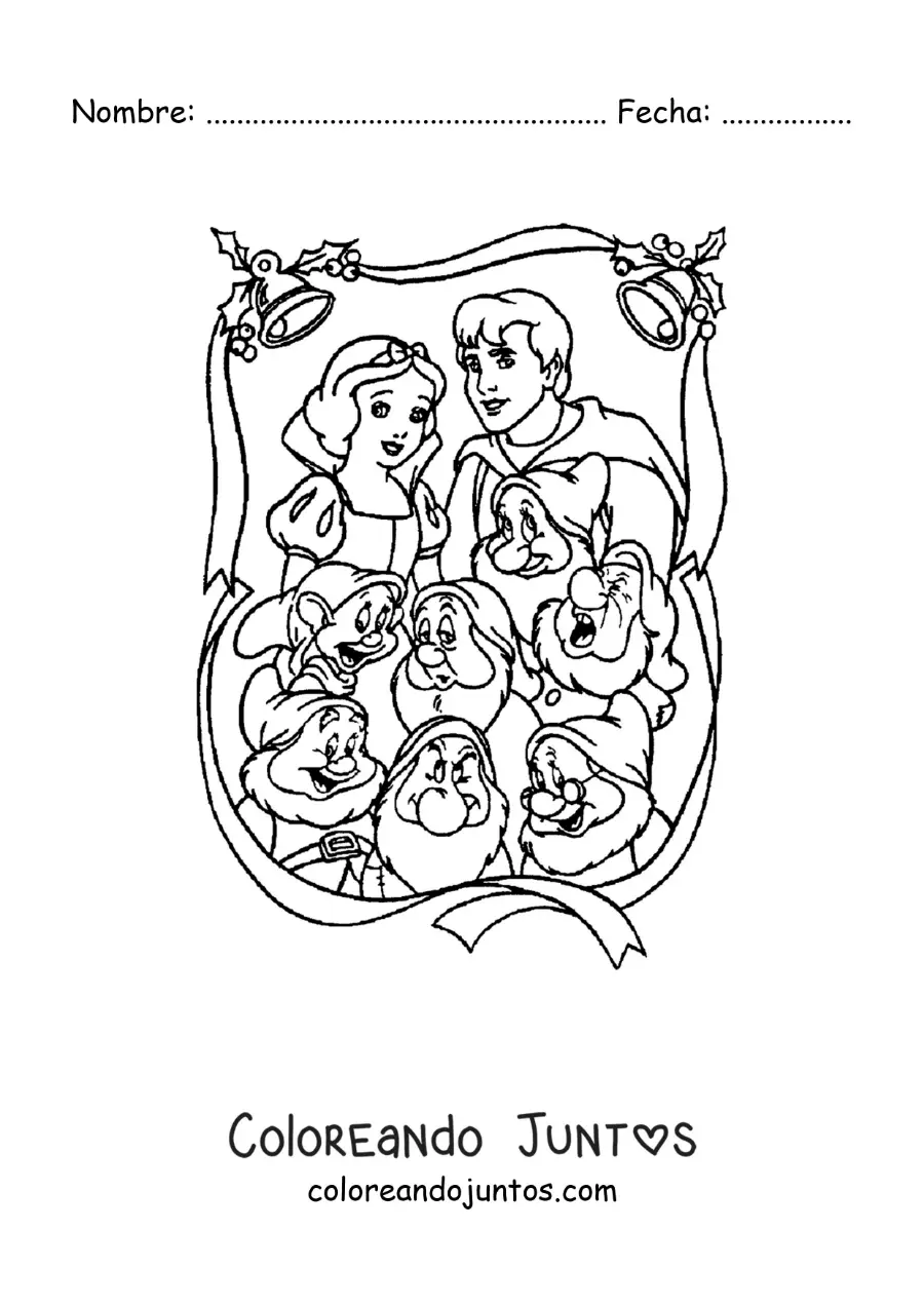 Imagen para colorear de Blancanieves con el príncipe y los siete enanitos