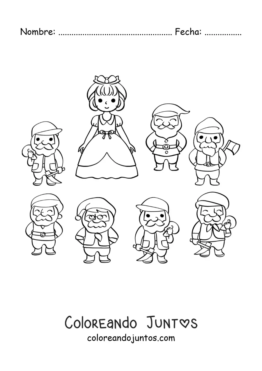 Imagen para colorear de Blancanieves animada con los 7 enanitos
