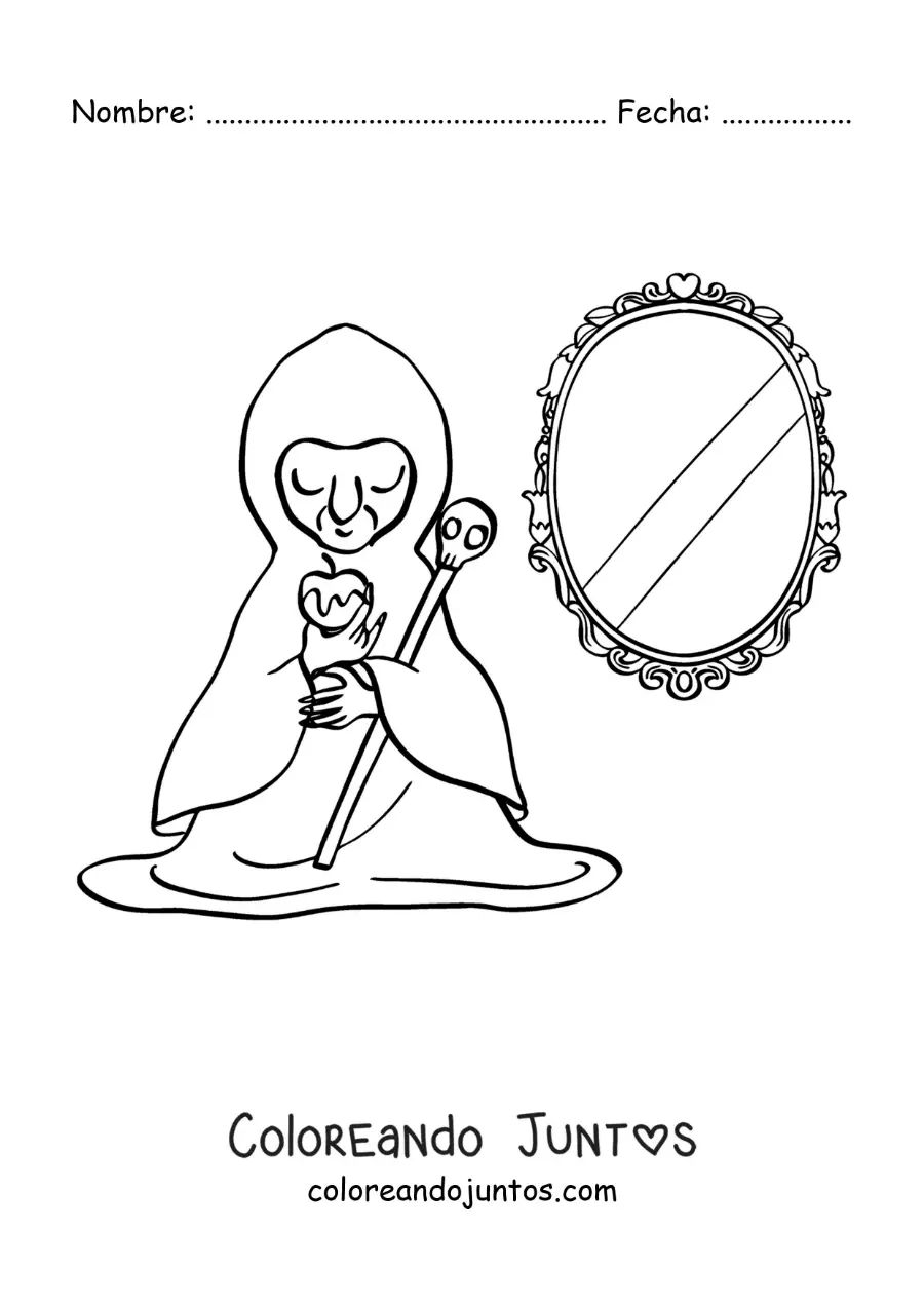 Imagen para colorear de la bruja malvada de Blancanieves con su espejito