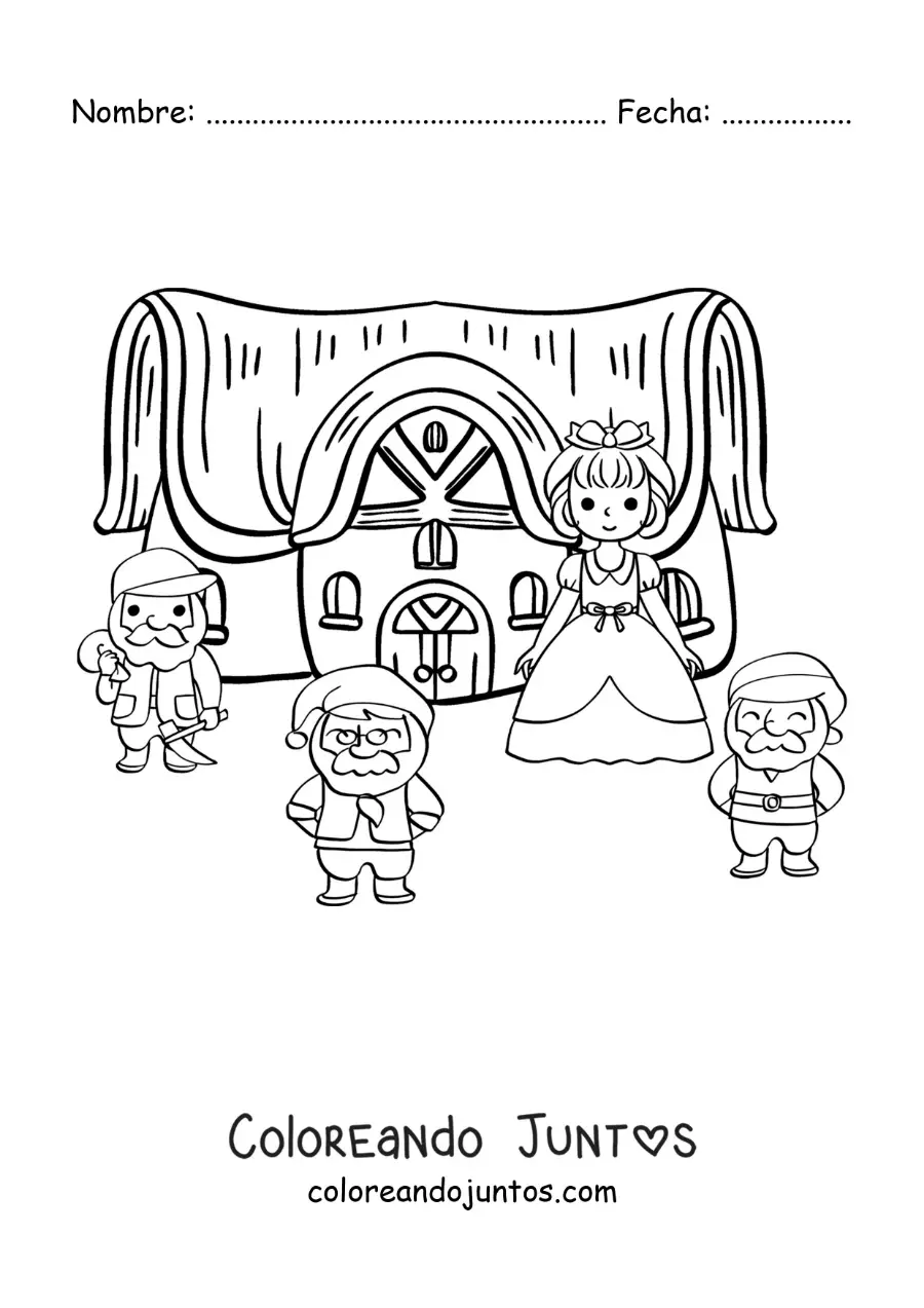 Imagen para colorear de Blancanieves en la casa de los siete enanitos