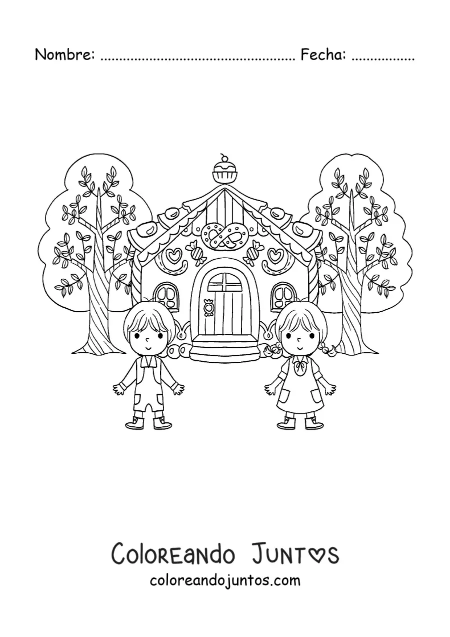 Imagen para colorear de Hansel y Gretel animados en la casa de dulce