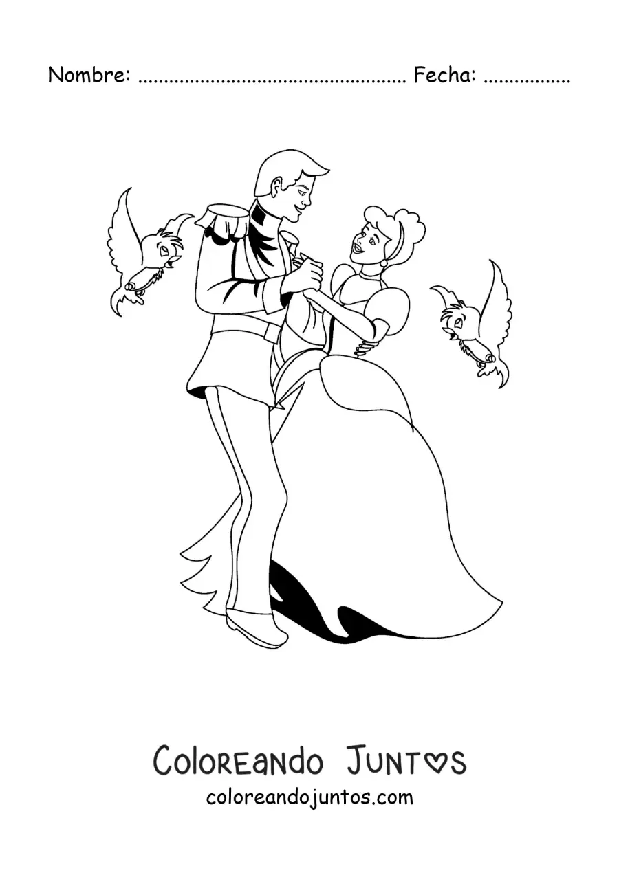 Imagen para colorear de Cenicienta bailando con el príncipe