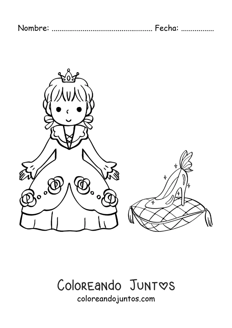 Imagen para colorear de Cenicienta kawaii con la zapatilla de cristal