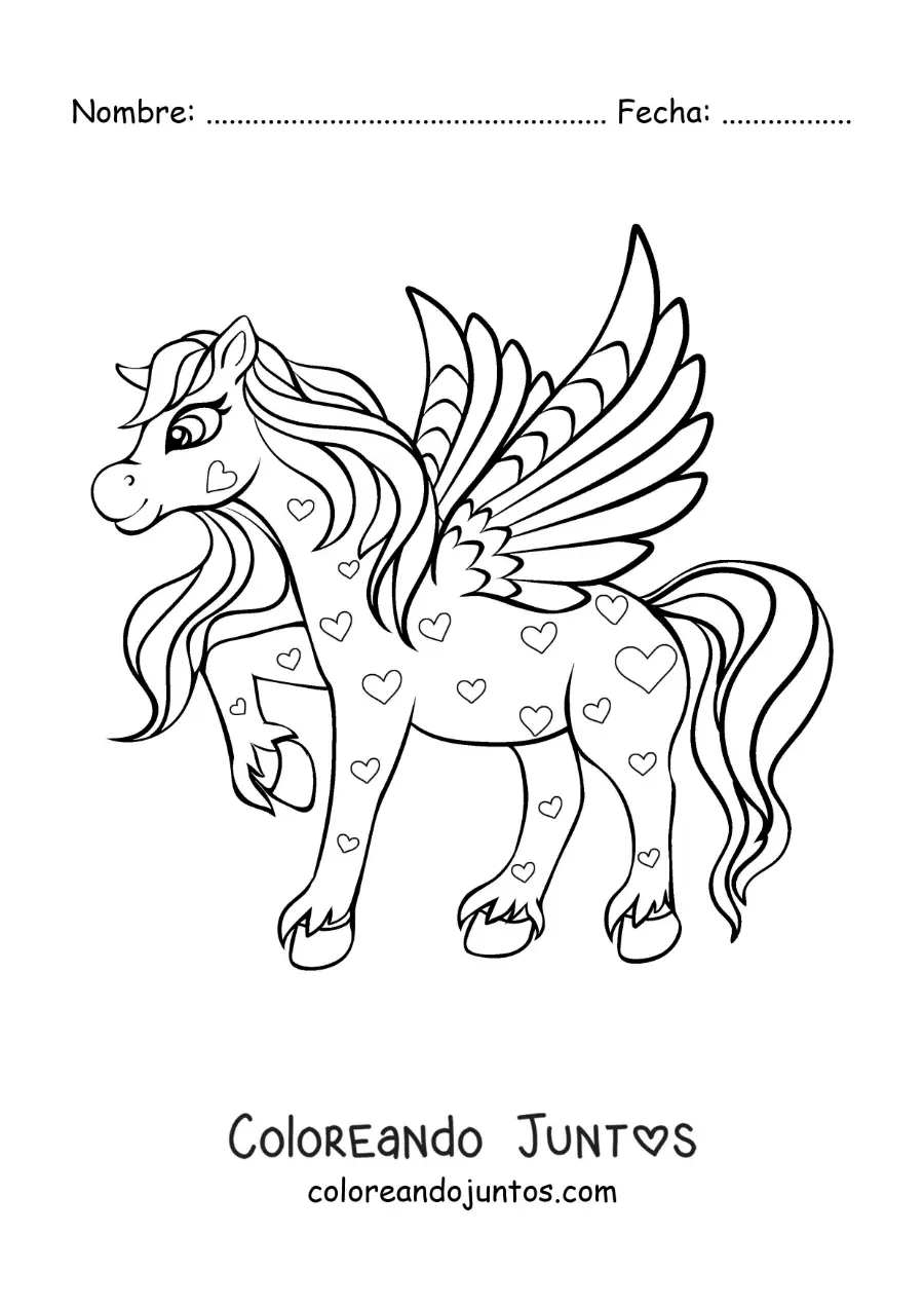 Imagen para colorear de hermoso Pegaso alado con corazones
