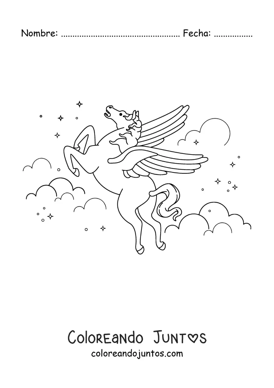 Imagen para colorear de Pegaso mágico volando en el cielo
