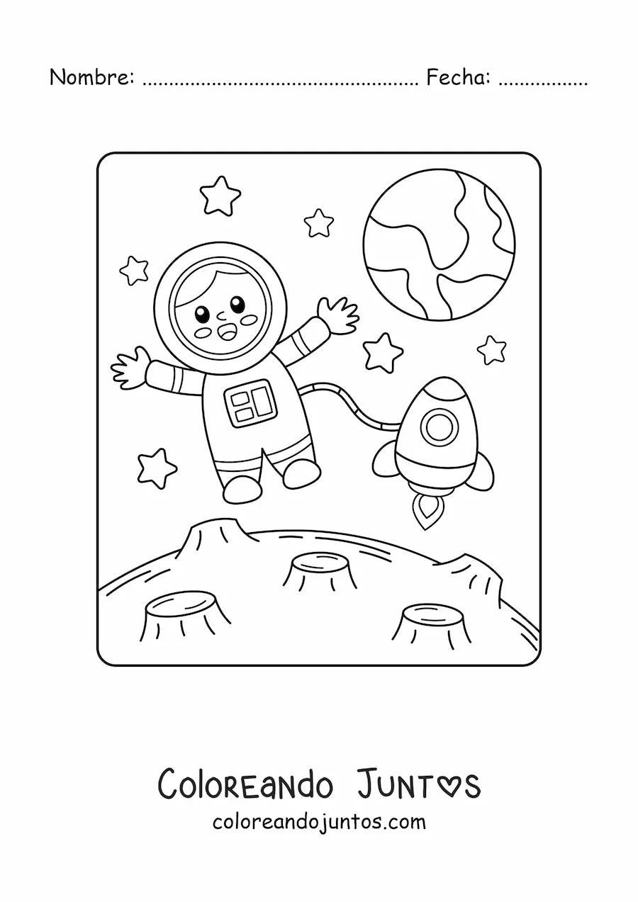 Imagen para colorear de un astronauta animado con un cohete en la Luna