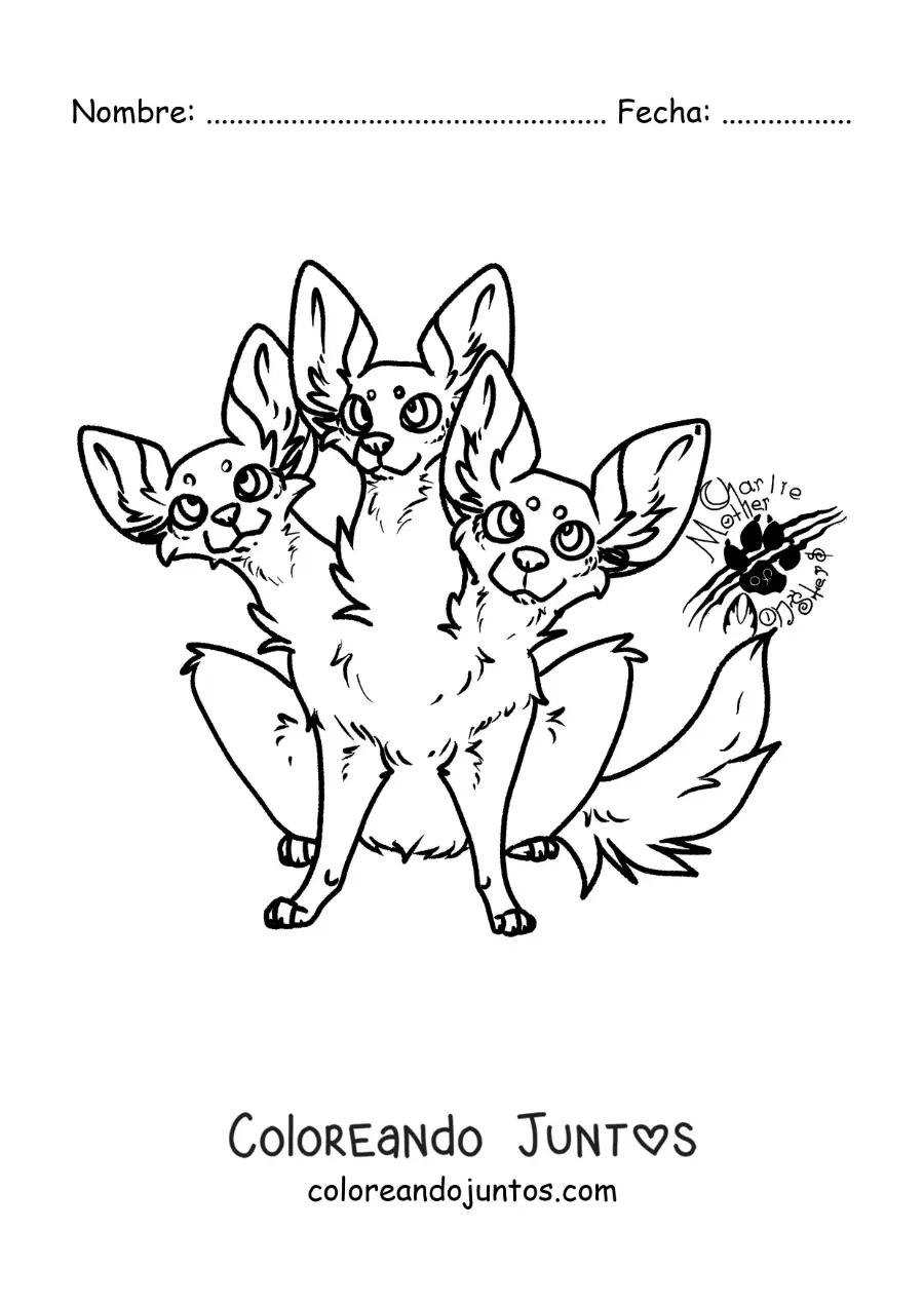 Imagen para colorear de chihuahua de tres cabezas animado