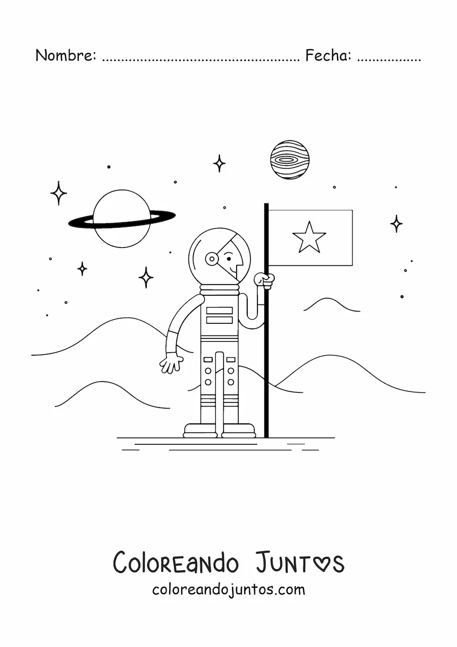 Imagen para colorear de un astronauta con un bandera en Marte