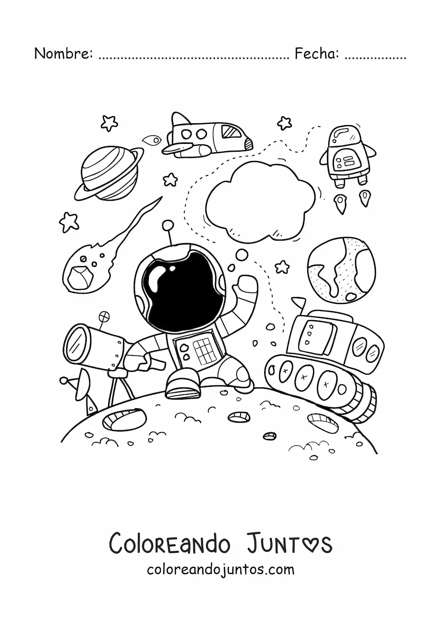 Imagen para colorear de un astronauta animado rodeado de planetas