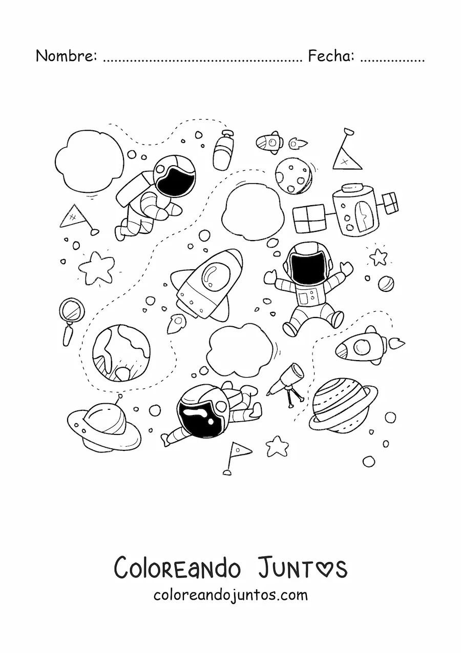 Imagen para colorear de tres astronautas animados y naves espaciales