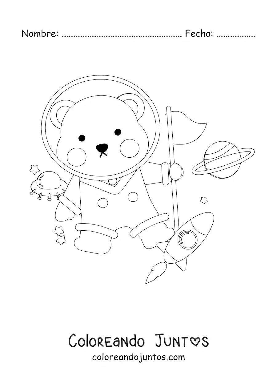 Imagen para colorear de un oso astronauta animado en el espacio