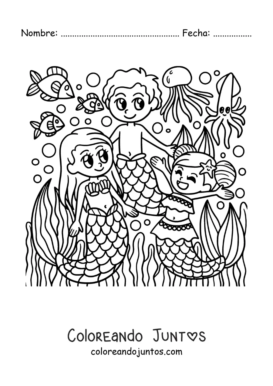 Imagen para colorear de dos sirenas y un tritón en el mar
