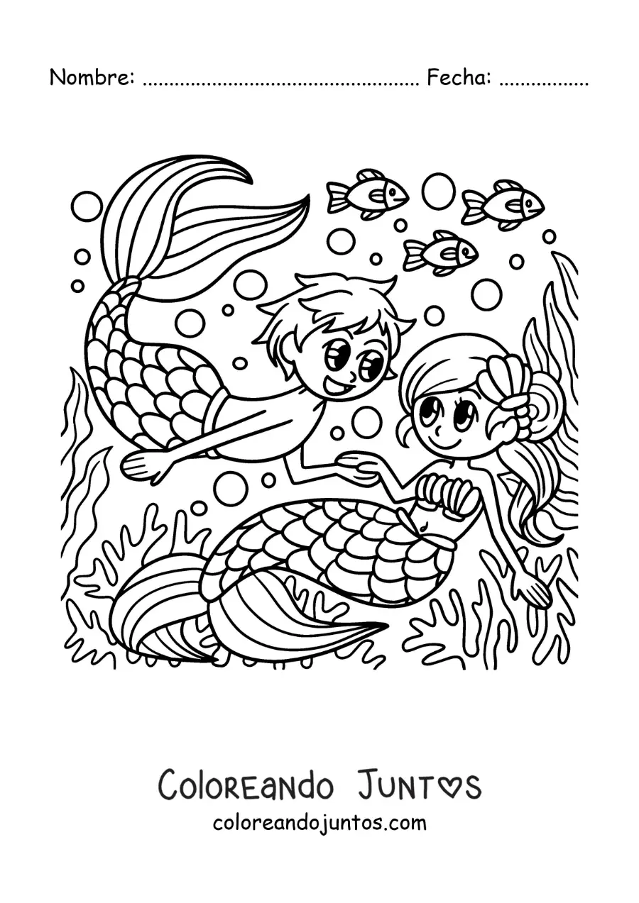Imagen para colorear de pareja de un tritón y una sirena