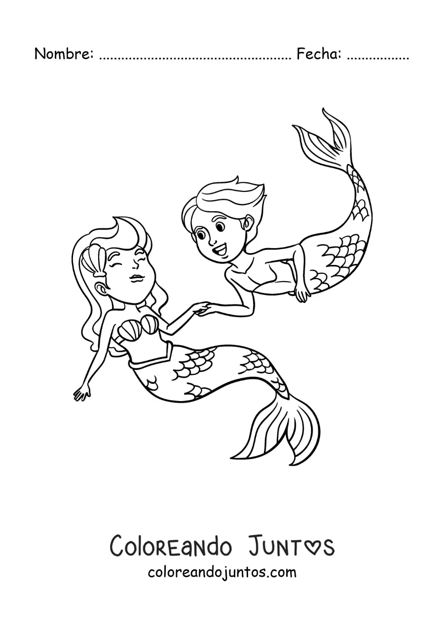 Imagen para colorear de una sirena y un tritón