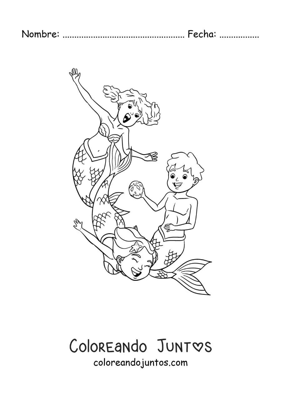 Imagen para colorear de dos sirenas y un tritón jugando