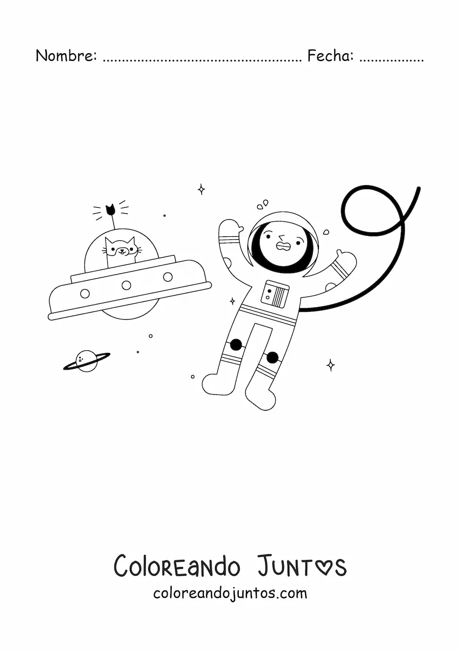 Imagen para colorear de un astronauta y gato espacial animados en el espacio