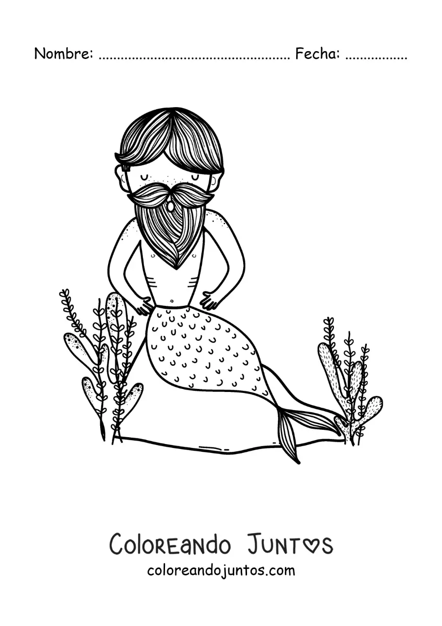 Imagen para colorear de un tritón con barba en el mar