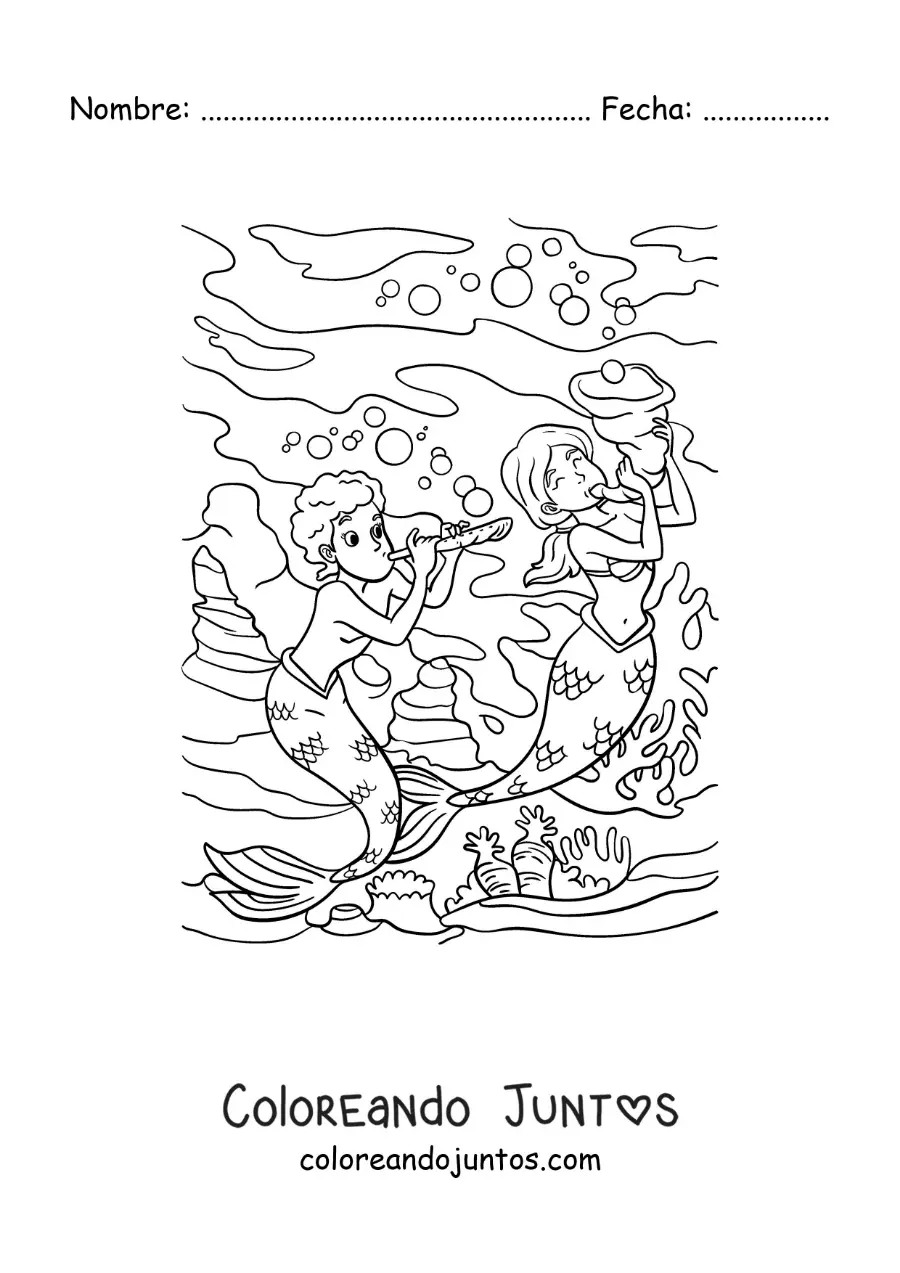 Imagen para colorear de un tritón y una sirena tocando música en el mar