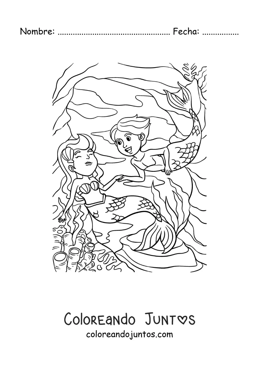 Imagen para colorear de una sirena y un tritón en el mar
