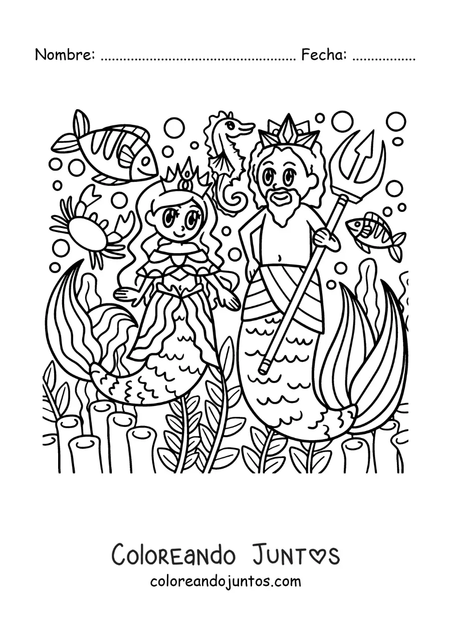 Imagen para colorear del dios Tritón y una sirena animados