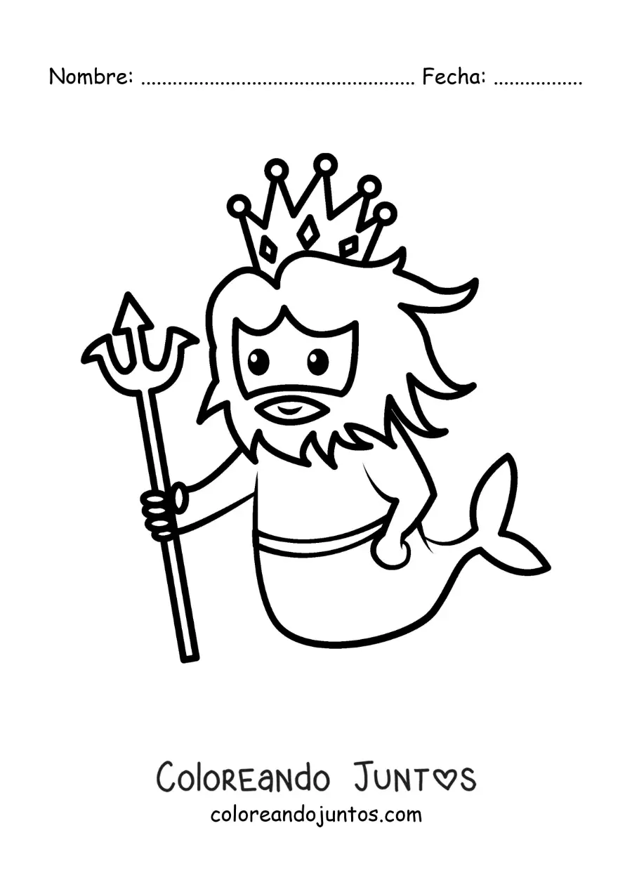 Imagen para colorear del dios Tritón de la mitología griega animado kawaii