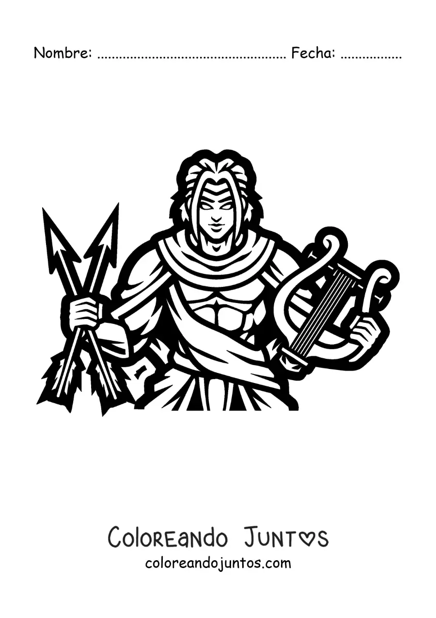 Imagen para colorear de Apolo con su arpa y flechas