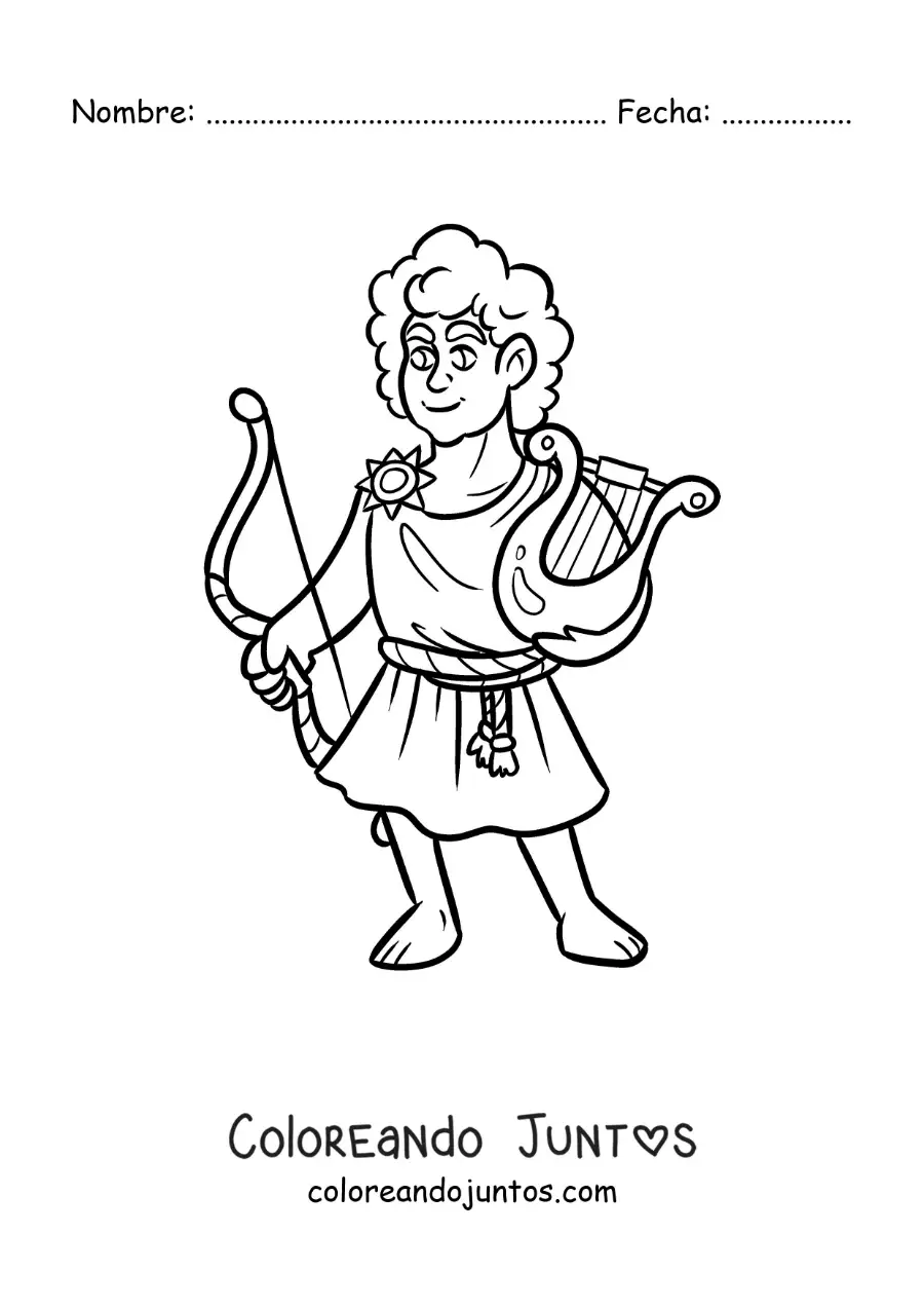 Imagen para colorear del dios griego Apolo animado con su arpa y arco