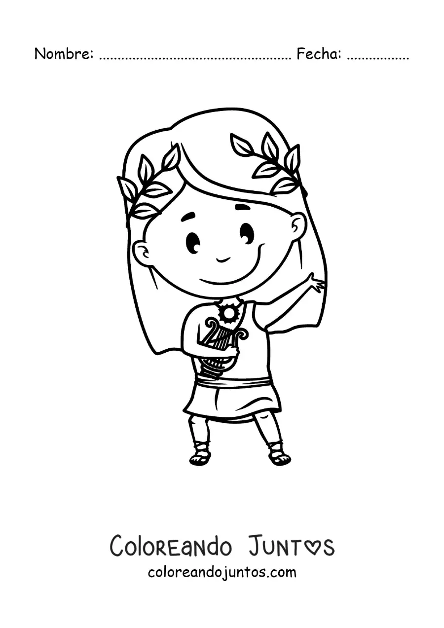 Imagen para colorear del dios Apolo animado con su arpa